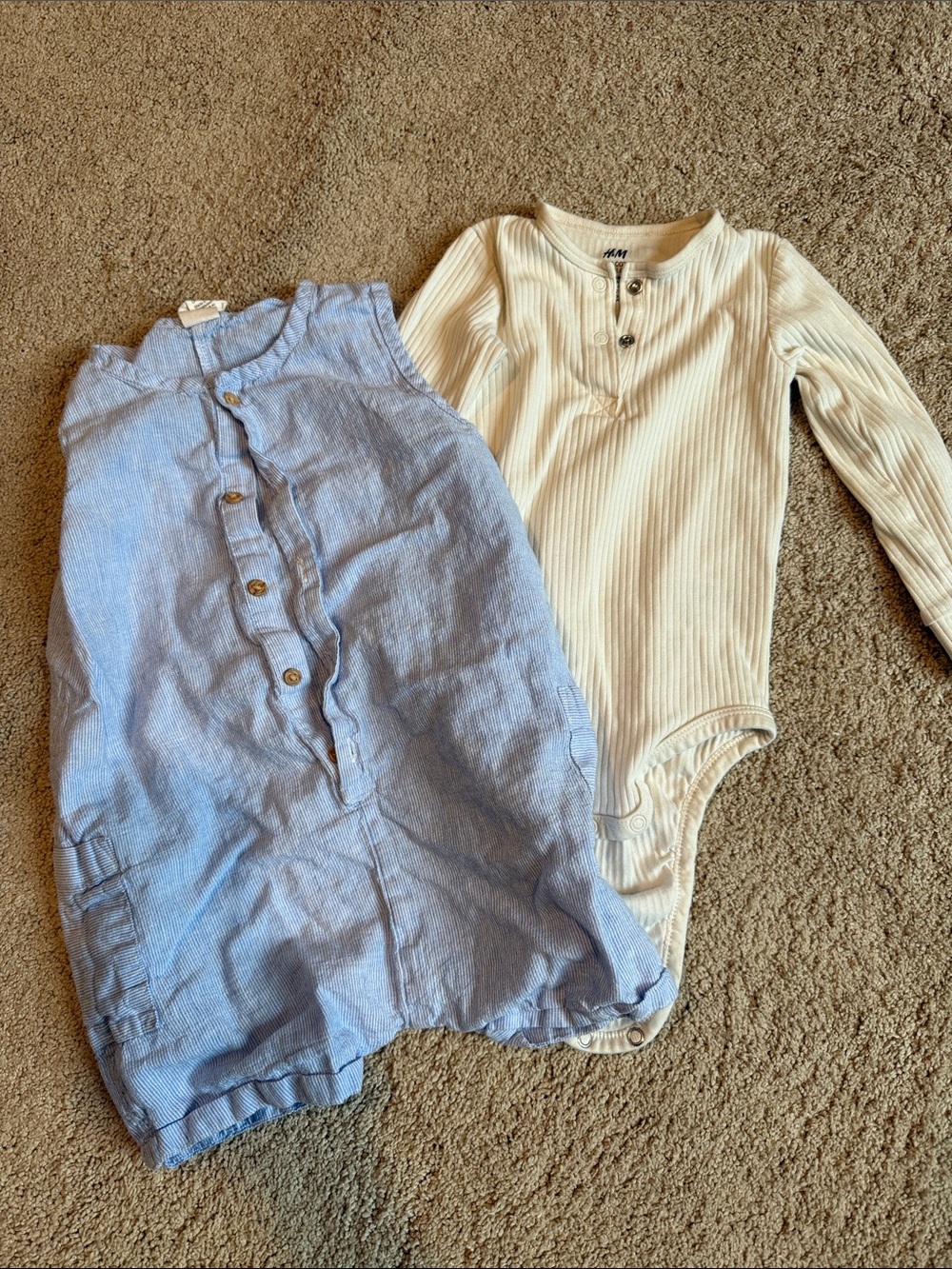 H&M Cream Ribbed Long-Sleeve Bodysuit and Light Blue Button Romper
